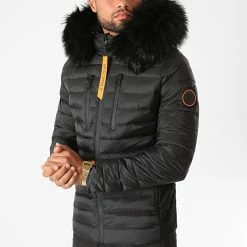 Sortie 😀 Doudoune Capuche Premium Tech Fourrure Noir Orange de Final Club ⌛