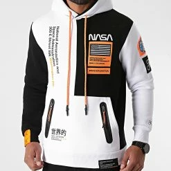 Nouveau ❤️ Sweat Capuche Nasa Half Limited Edition Noir Blanc Détails Orange Fluo de Final Club ❤️
