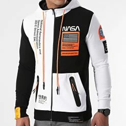 Remise 🥰 Sweat Zippé Capuche Nasa Half Limited Edition 563 Noir Blanc Détails Orange Fluo de Final Club 🔔