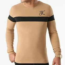 Meilleur prix 🌟 Tee 👚 Shirt Manches Longues Bicolore Avec Broderie 781 Camel Noir de Final Club 💯