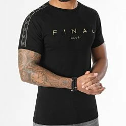 Promo 🎁 Tee 👕 Shirt A Bandes Logo Premium Fit 774 Noir Doré de Final Club 💯