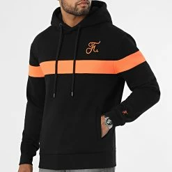 Bon marché ✔️ Sweat Capuche Bicolore Fluo Avec Broderie 741 Noir Orange de Final Club 🎉