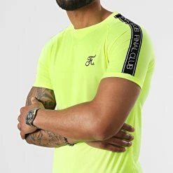De gros ❤️ Tee 👕 Shirt Slim Fit Avec Bandes Et Broderie 730 Jaune Fluo de Final Club 🔥