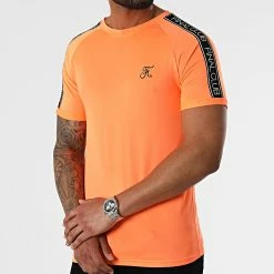 Remise ✔️ Tee 👚 Shirt Slim Fit Avec Bandes Et Broderie 732 Orange Fluo de Final Club 🌟