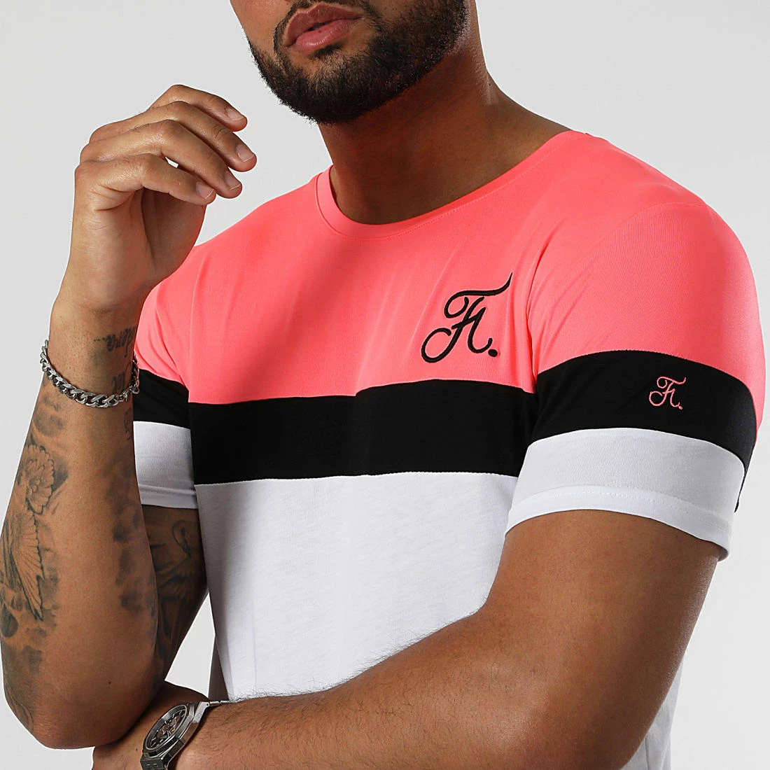 Promo 👍 Tee 👕 Shirt Tricolore Avec Broderie 950 Rose Fluo Noir Blanc de Final Club ✨ 4 Promo 👍 Tee 👕 Shirt Tricolore Avec Broderie 950 Rose Fluo Noir Blanc de Final Club ✨ – Image 2