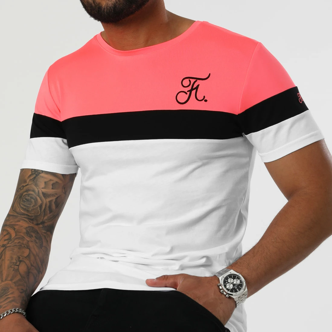 Promo 👍 Tee 👕 Shirt Tricolore Avec Broderie 950 Rose Fluo Noir Blanc de Final Club ✨ 3 Promo 👍 Tee 👕 Shirt Tricolore Avec Broderie 950 Rose Fluo Noir Blanc de Final Club ✨
