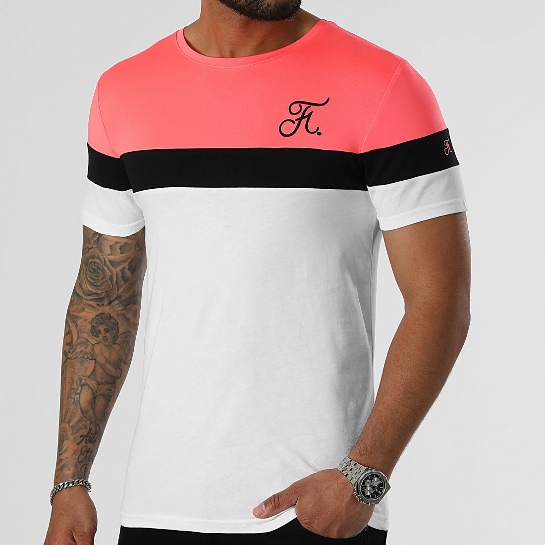 Promo 👍 Tee 👕 Shirt Tricolore Avec Broderie 950 Rose Fluo Noir Blanc de Final Club ✨ 5 Promo 👍 Tee 👕 Shirt Tricolore Avec Broderie 950 Rose Fluo Noir Blanc de Final Club ✨ – Image 3