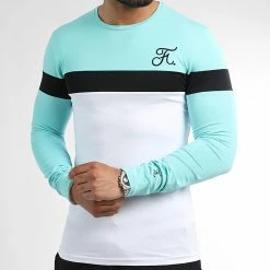 Top 10 ⭐ Tee 👕 Shirt Manches Longues Tricolore Avec Broderie 1033 Bleu Turquoise Blanc de Final Club 🥰