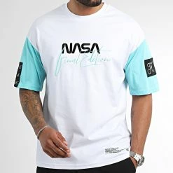 Vente flash 💯 Tee 👚 Shirt Oversize Large NASA Signature 1029 Blanc Bleu Pastel de Final Club 🔔